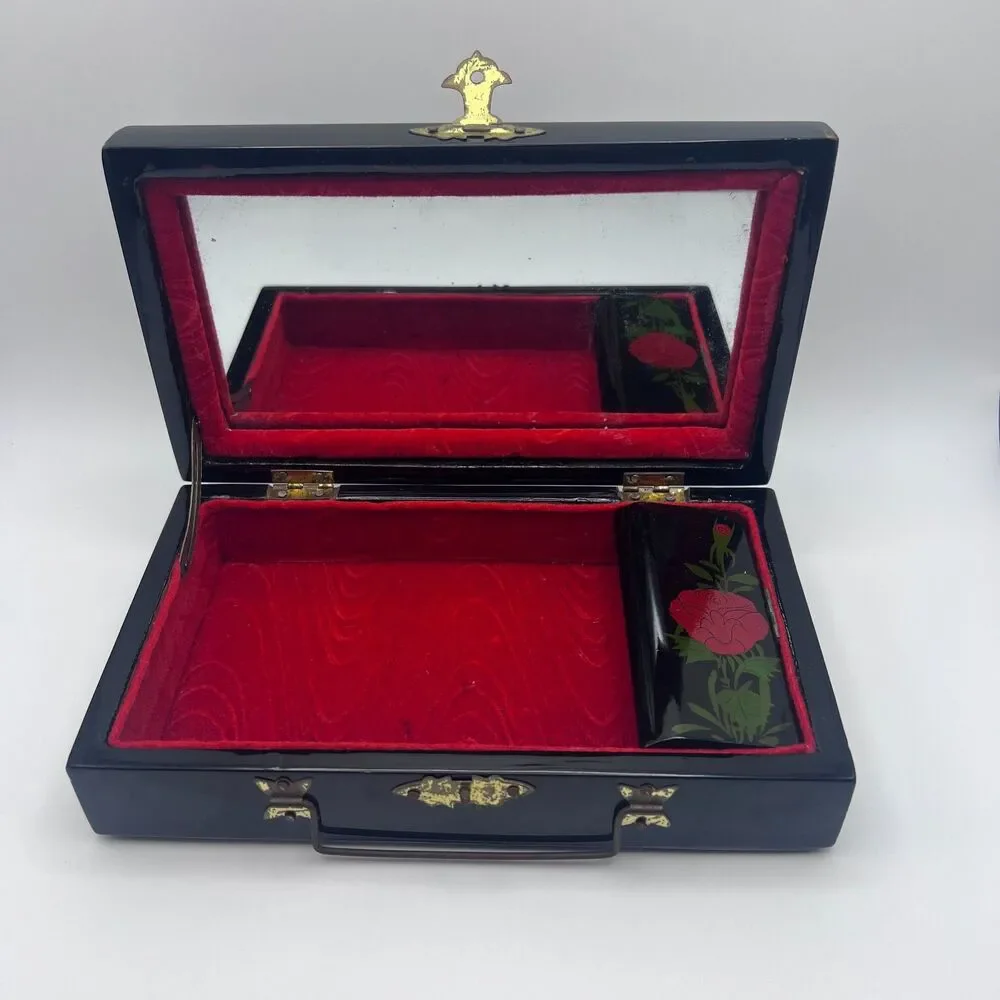 Vintage Asian Black Lacquer Jewelry Box, Inlaid Mother of Pearl Geisha Girls Box